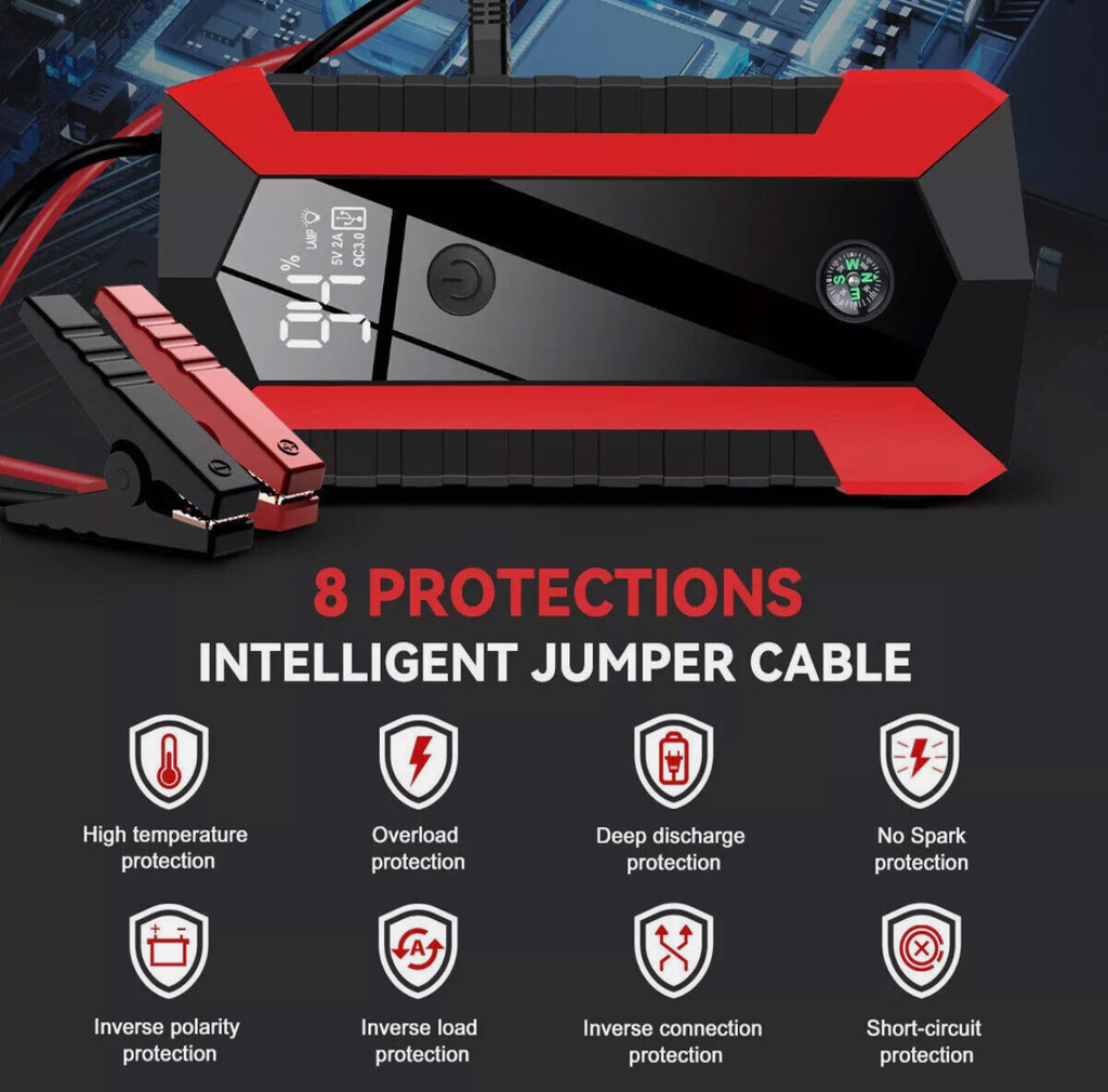 Starter auto pentru motor, 2000A, 12V, benzina/diesel 6/4L, protectie inteligenta, Incarcare rapida, lanterna, lumina de urgenta, 180x87x35mm, Negru/Rosu