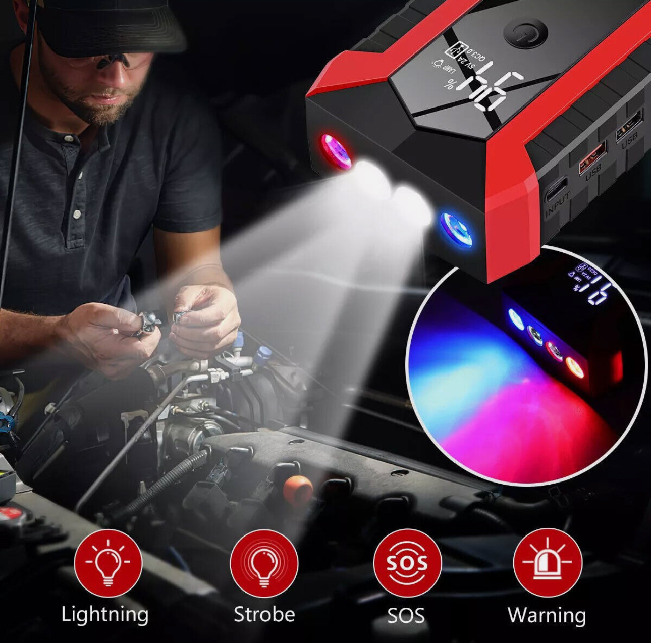 Starter auto pentru motor, 2000A, 12V, benzina/diesel 6/4L, protectie inteligenta, Incarcare rapida, lanterna, lumina de urgenta, 180x87x35mm, Negru/Rosu