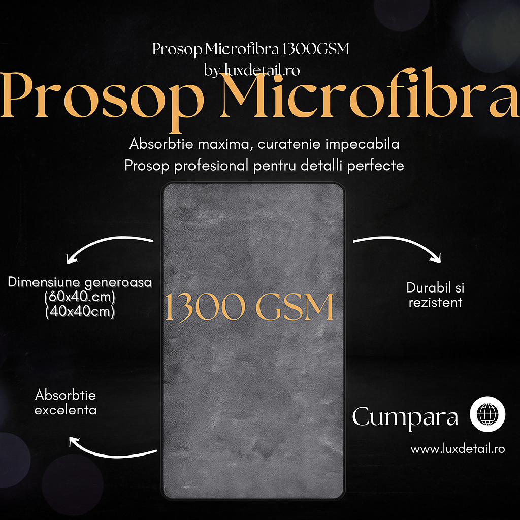 Prosop Auto LuxDetail 90x60cm – Microfibră 1300 GSM, 2 Fețe Absorbante, Uscare Rapidă