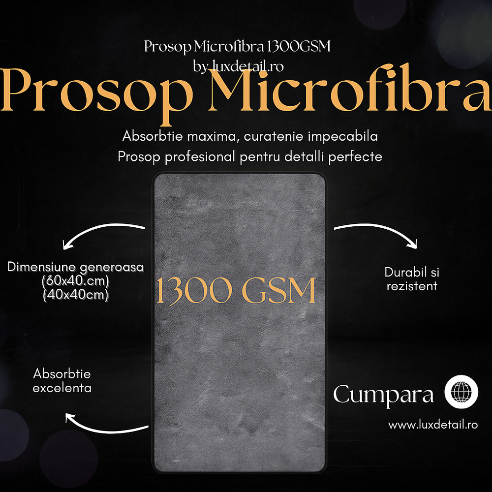 Prosop Auto LuxDetail 90x60cm – Microfibră 1300 GSM, 2 Fețe Absorbante, Uscare Rapidă
