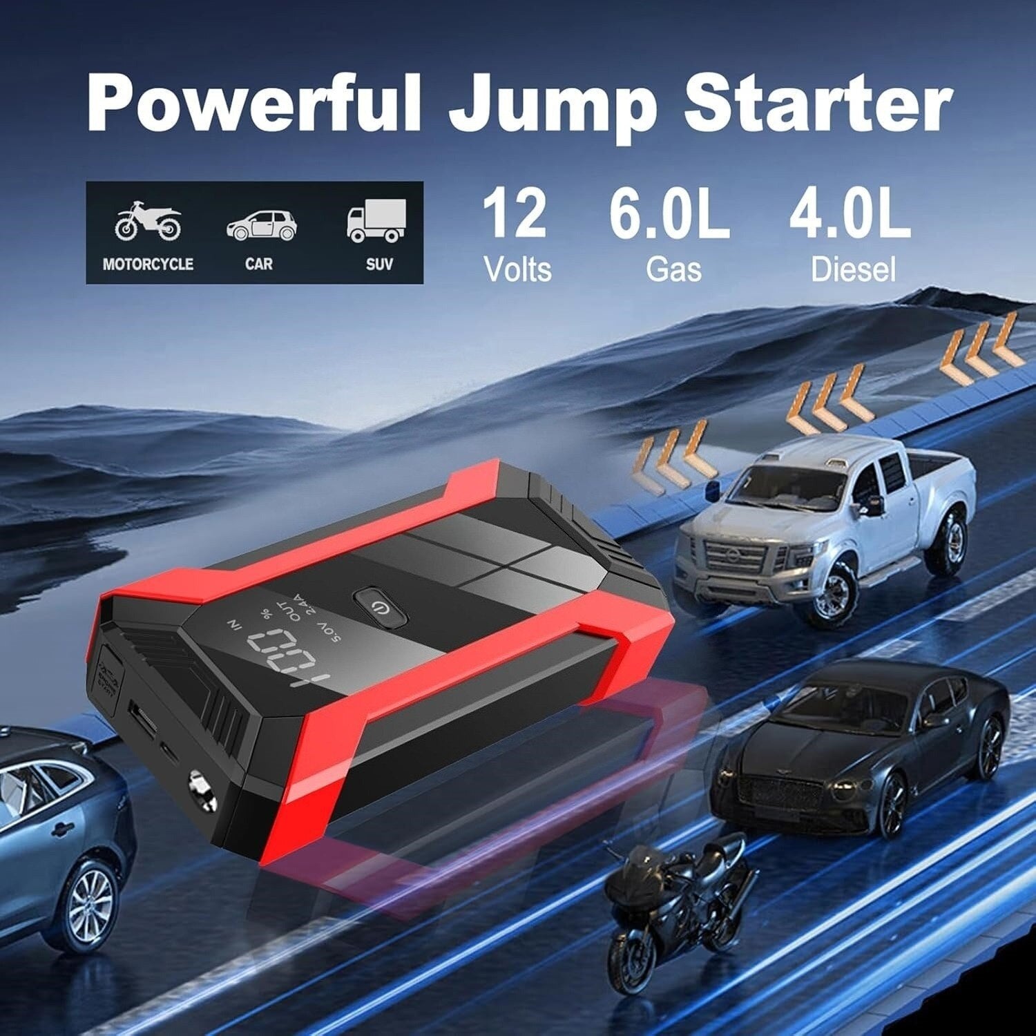 Starter auto pentru motor, 2000A, 12V, benzina/diesel 6/4L, protectie inteligenta, Incarcare rapida, lanterna, lumina de urgenta, 180x87x35mm, Negru/Rosu