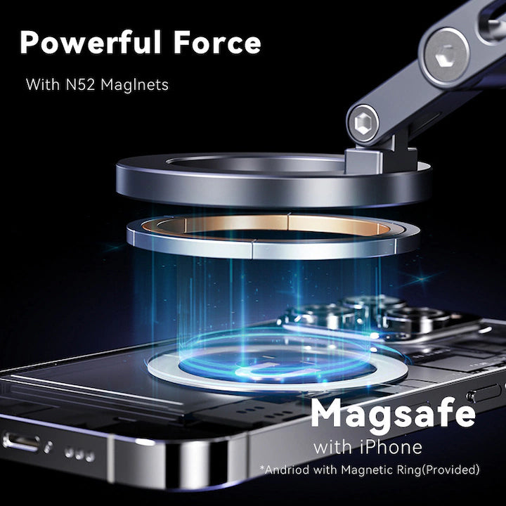 Suport telefon auto magnetic, Rotire 360°, Montare Fara Cabluri pentru iPhone si Android, Foldabil pentru Parbriz si Tablou de Bord, fixare sigura, Fixare ventuza, rotatie completa, gri